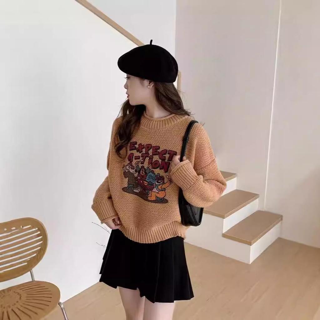2025 Autumn/Winter Retro Cartoon Floral Knit Sweater for Women