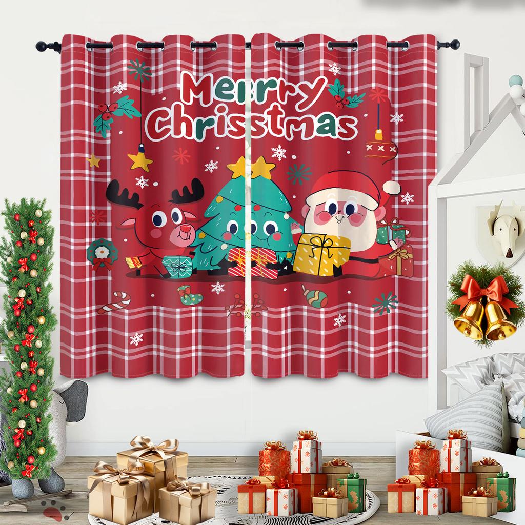 2pcs Christmas Snowman Checkered Print Blackout Curtains Multi Size Living Room Insulation Holiday Decoration Easy Installation