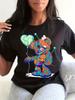 Colorful Bear Print T-Shirt, Casual Crew Neck Short Sleeve T-Shirt For Spring & Summer, Women's Clothing