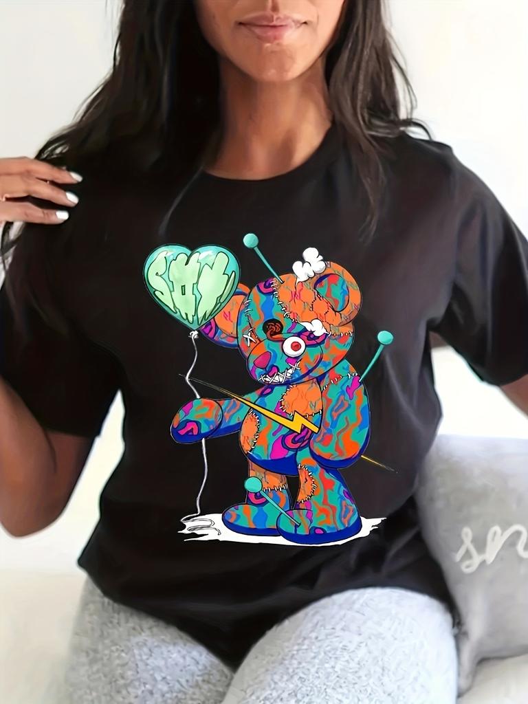 Colorful Bear Print T-Shirt, Casual Crew Neck Short Sleeve T-Shirt For Spring & Summer, Women's Clothing