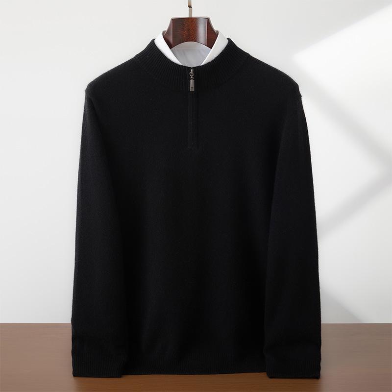 Men's Cashmere Zipper Sweater - Solid Color, Half-High Collar, Long Sleeve, Casual Fit.