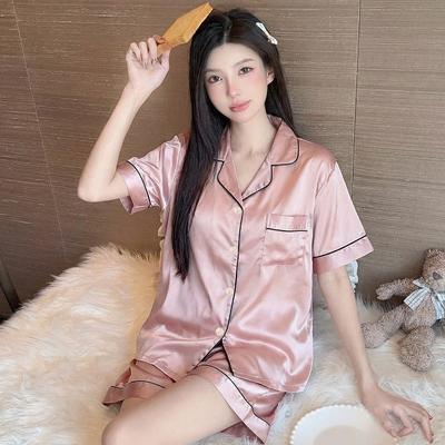 Sweet Light Luxury Solid Color Simple Ice Silk Satin Pajamas Women's Casual Loungewear Short-sleeved Suit Can Be Worn Outside