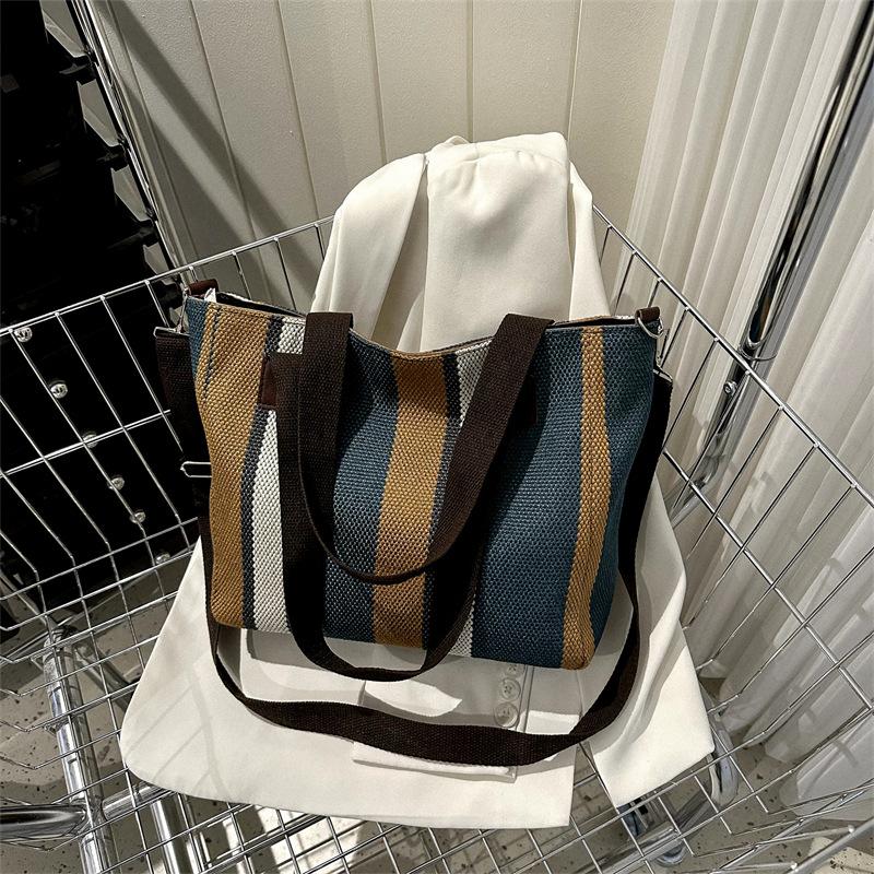 Big bag women's 2025 new fashion striped canvas bag commuter tote bag trendy shoulder messenger mommy bag
