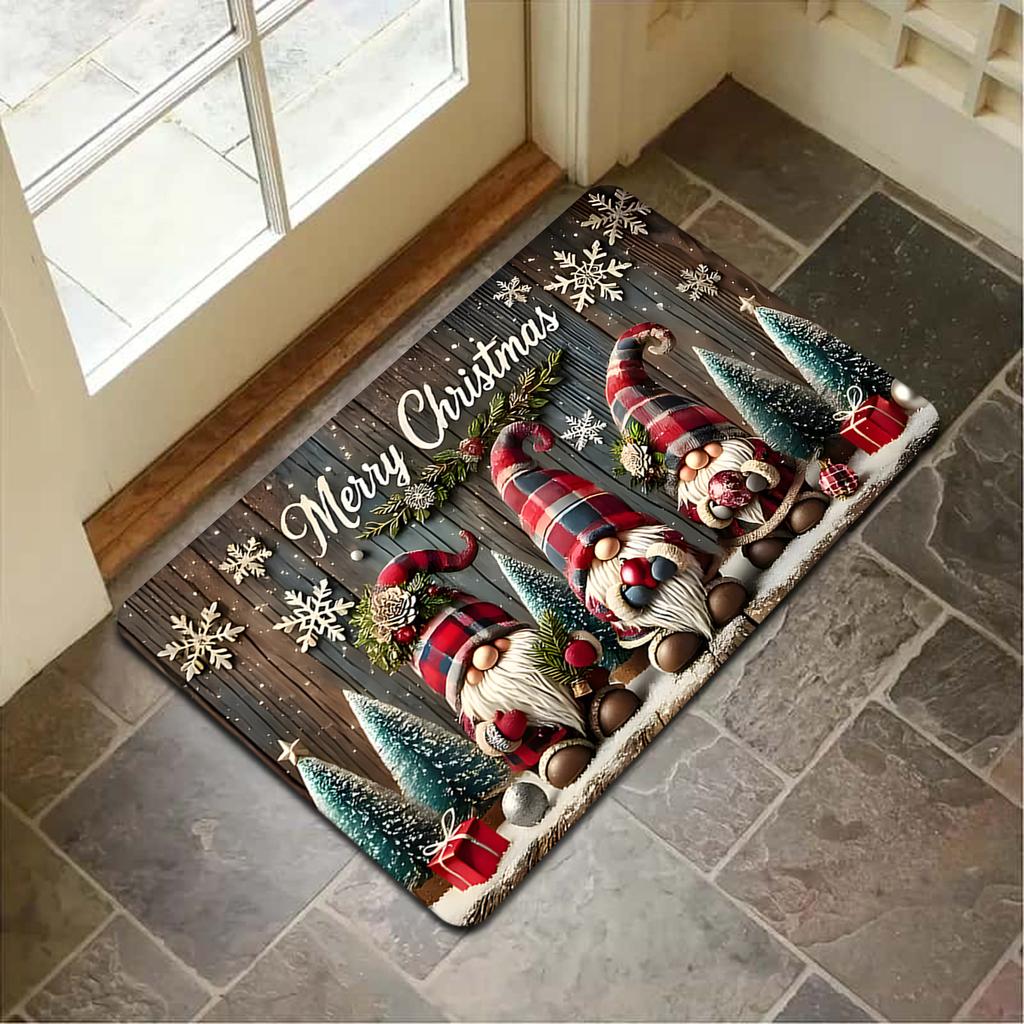 Flannel Doormat with 3 Christmas Gnomes Print, Polyester Non-Slip Indoor Outdoor Rug for Entryway, Kitchen, Hallway Floor Mat