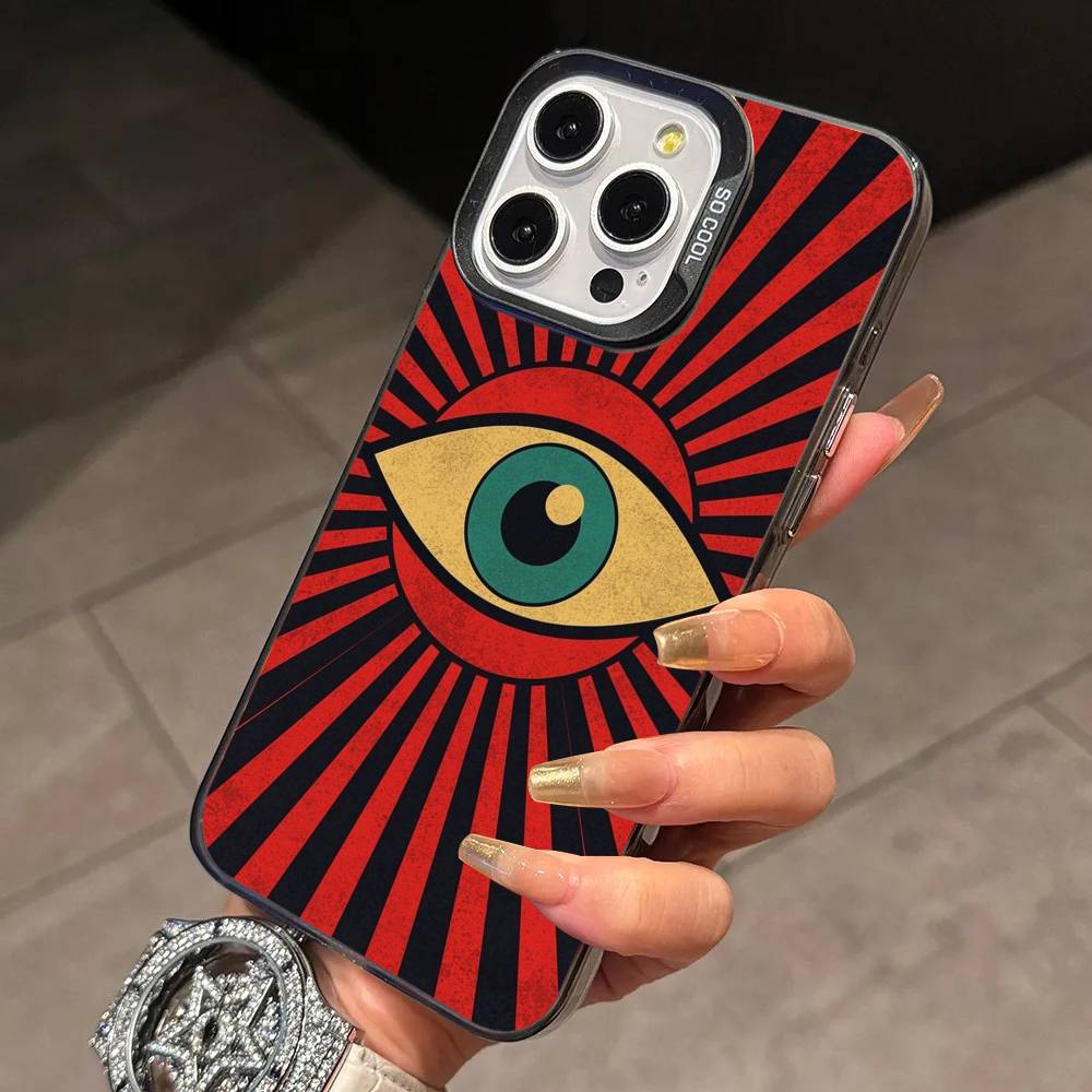 Big Eyes Trendy Print Lines Phone Case For iPhone 17,16,15,14,13,12,11 Plus,Pro Max,XS,Colored Silver Plated Inside Cover