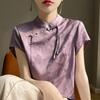 T-shirt da donna estiva T-shirt con bottoni in seta con colletto in piedi Top a maniche corte in raso stampato vintage