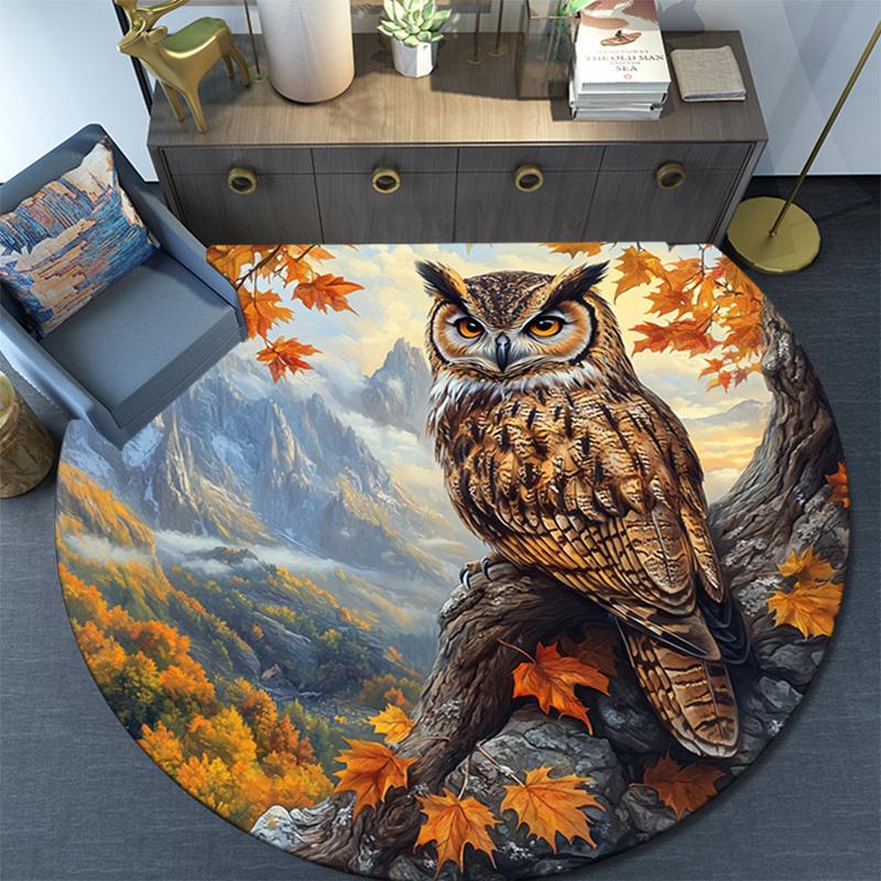 Autumn Owl Round Area Rug,Carpet Rug for Living Room Bedroom Sofa Playroom Decor,Non-slip Floor Mat