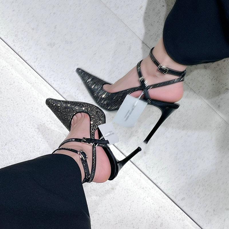 Fashion French Toe Rhinestone High Heels 2025 Spring/Summer New Style Elegant Lady Sandals For Women With Thin Heels And Pointed Tips
