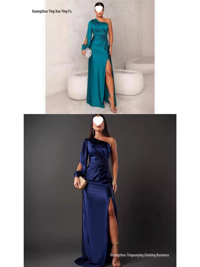 New Women's One-Shoulder Raglan Sleeve Pleated Waist Slit Sexy Long Dress