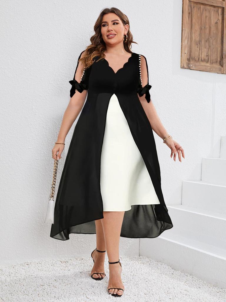2025 Spring/Summer Women's Plus Size V-Neck Patchwork Short Sleeve Two-Piece Irregular Dress