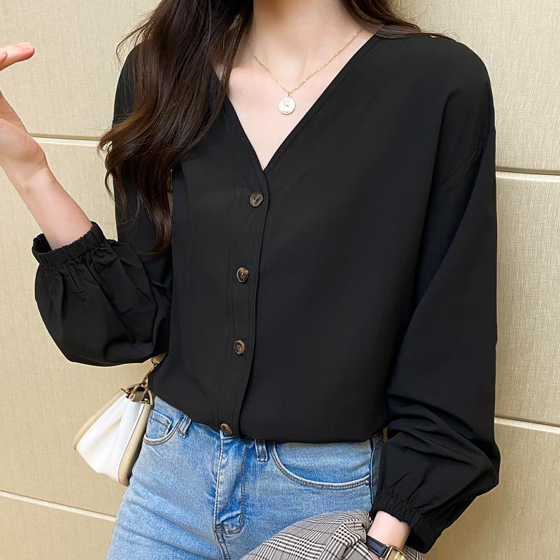 Women Blouses Shirts 2025 Spring Long Sleeve Women Blouse Shirt V-Neck Black White Blouse Shirt Women Tops J872