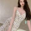 French Coffee Break V-neck Suspender Dress Women's Summer 2026 New A-word Hip Wrap Floral Temperament Knee Long Dress Tide