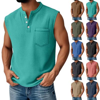 Men Knit Sleeveless Henley Neck Tank Top Casual Relaxed Fit Button Front Vest with Chest Pocket