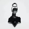 Fashion Elegant Black Bow Design Heels Women Sexy Pointed Toe Ankle Strap Buckle Thin Heel Sandal High Quality Patent Leather Dress Shoe