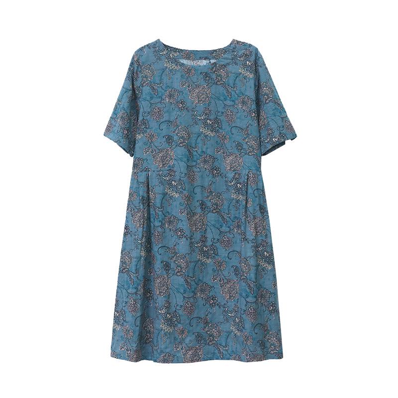 Floral Linen A-Line Dress for Women, 2024 Summer Collection – Elegant Slimming Style for Middle-Aged Mothers