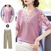 Mom's Summer Short Sleeved T-shirt Middle-aged Women's Ice Silk Top Middle-aged and Elderly Knitted Sweater