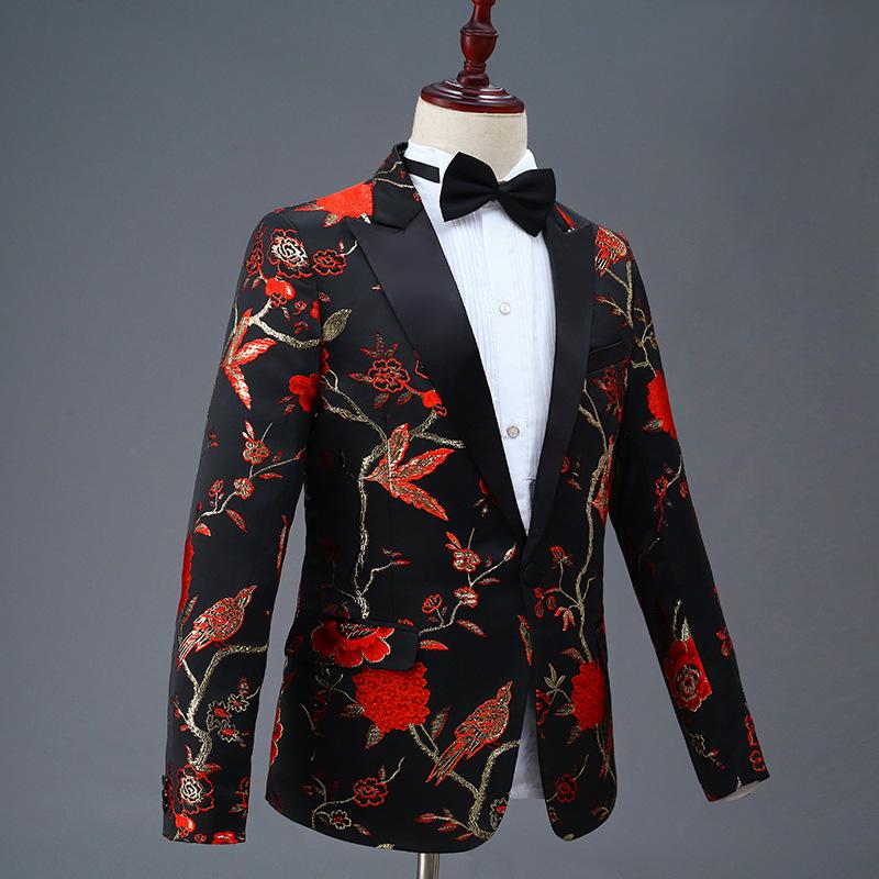 Men's Black Embroidered Single-Breasted Suit for Stage and Hosting