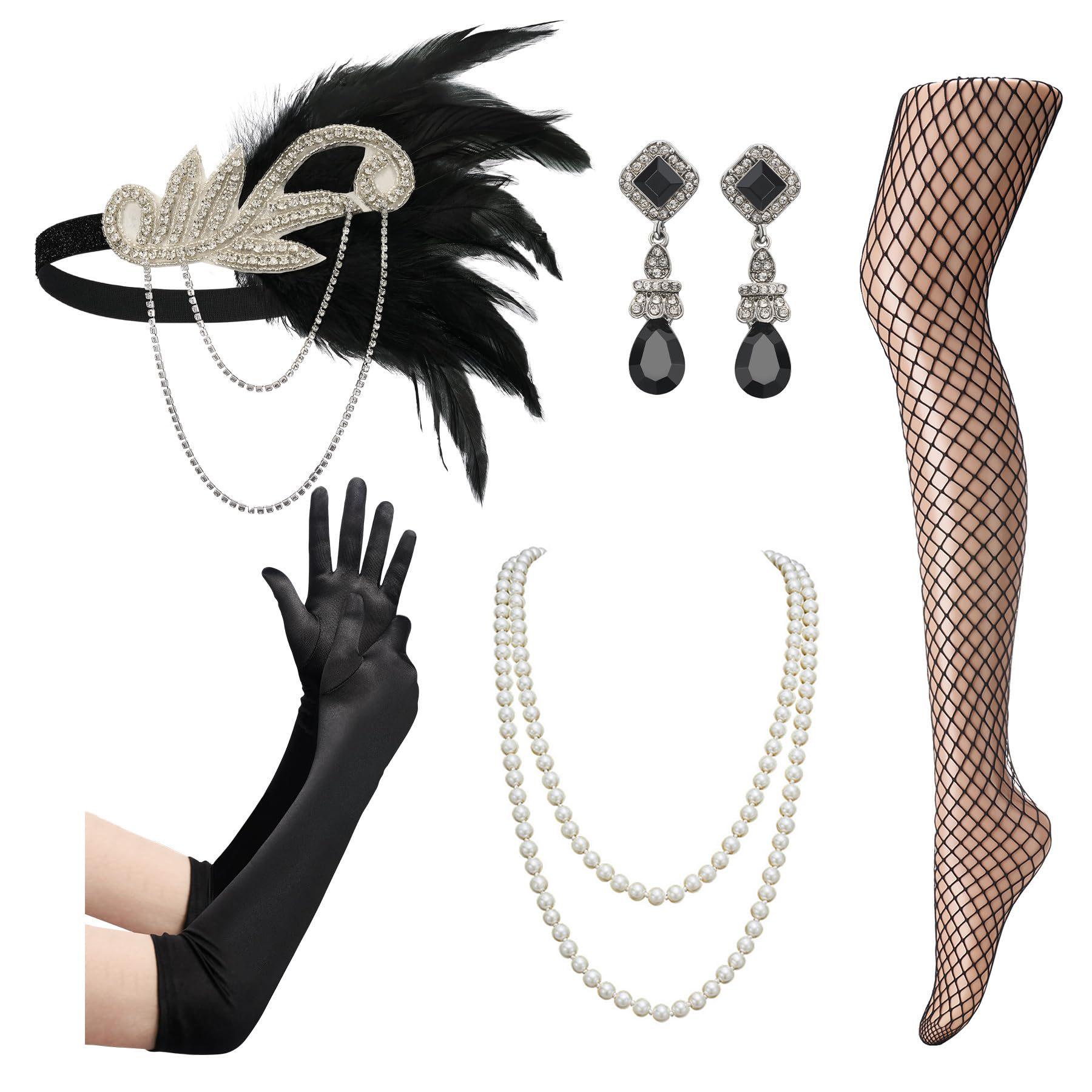 1920s Retro Feather Headband & Fishnet Stockings Halloween Party Set белый