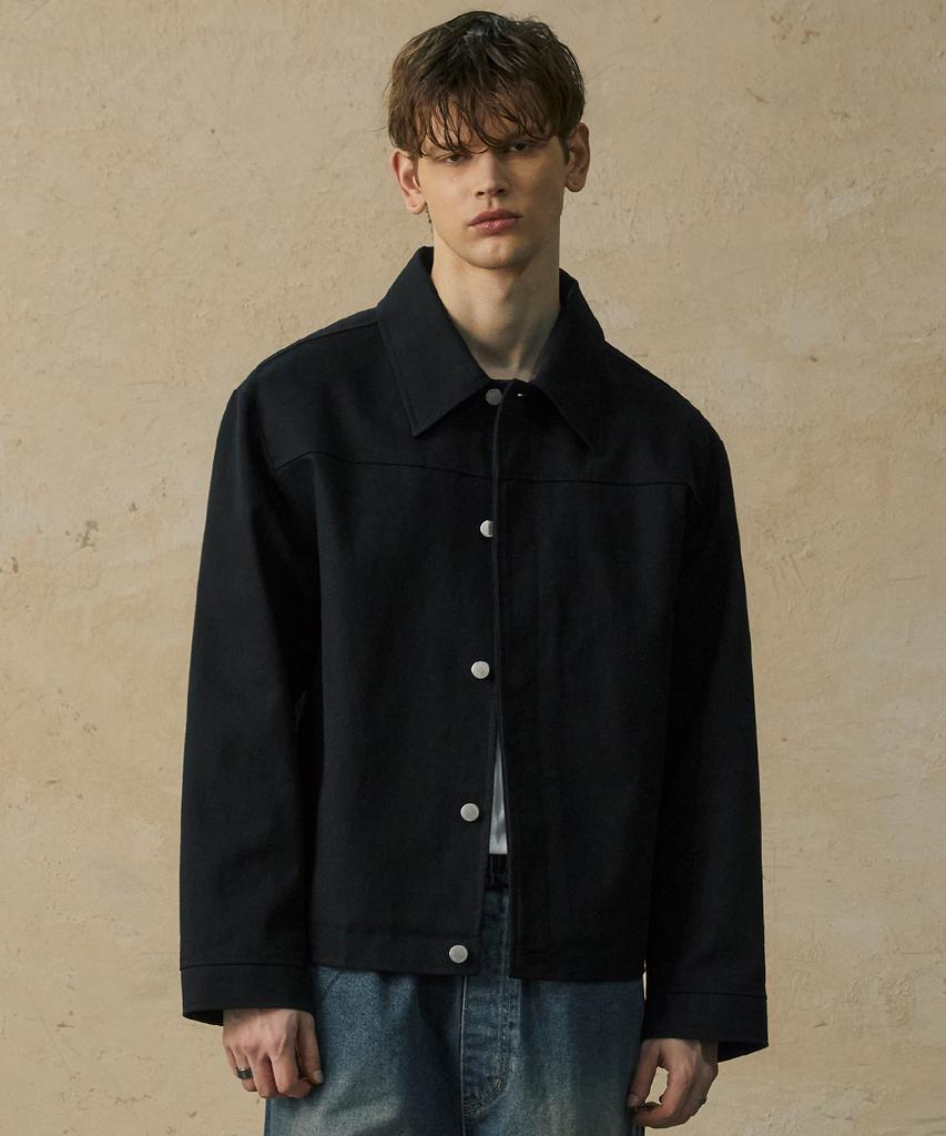 West Grand Boulevard Hidden Button Soft Cotton Trucker Jacket Black