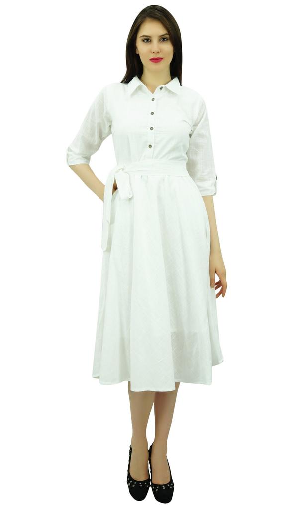 Bimba Women's 3 4 Sleeve Linen Collar Neck Solid Flared Shirt Dress with Side