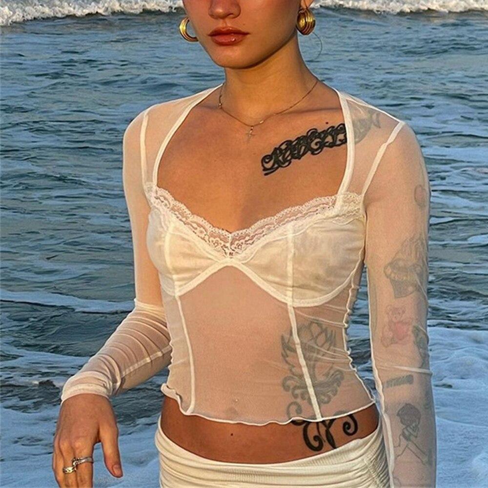 

Кружевные футболки Harajuku для женщин, укороченный топ, женская футболка с длинным рукавом, кружевная сексуальная женская футболка, Roupas Femininas, топы, футболка L белый