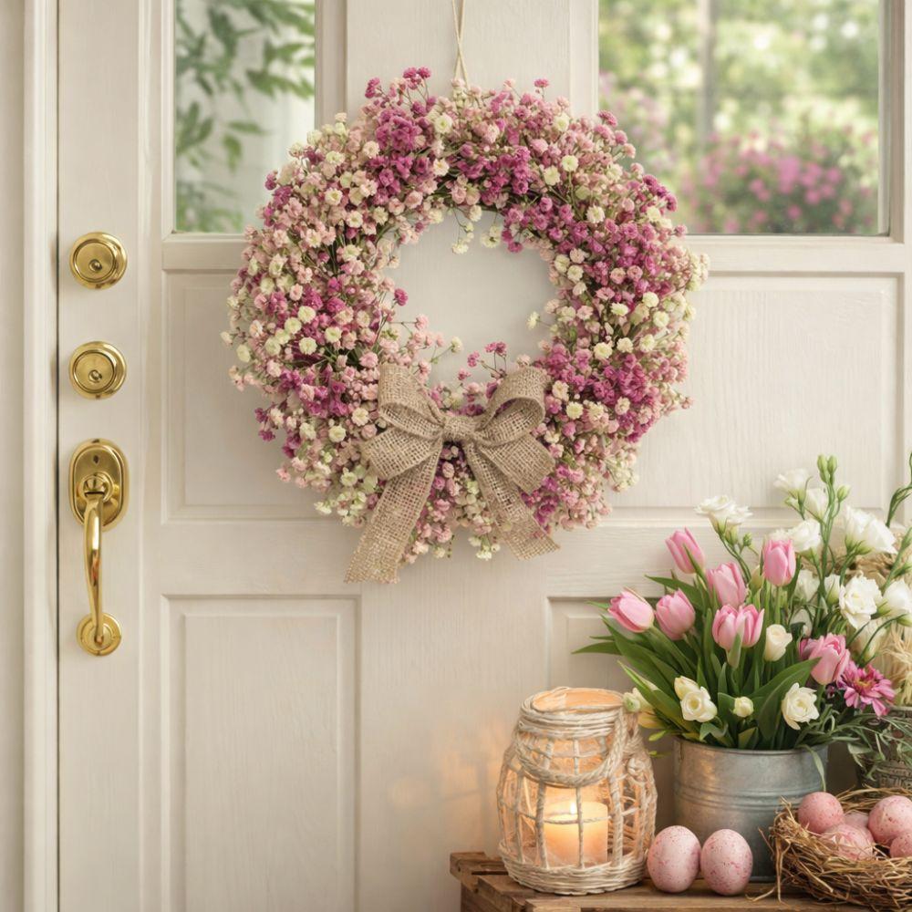 With Bow Spring Flower Wreath Lifelike Door Hanging Wreath  Living Room Wall