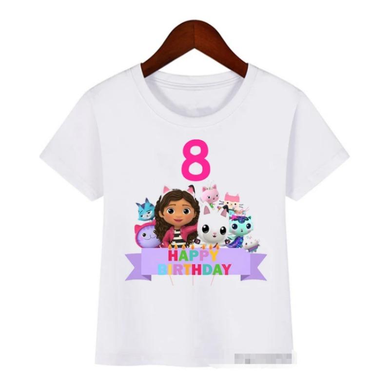 Summer  Cute Gabbys Doll House Cartoon Tshirt For Kids Birthday Clothing 2-12 Year  Baby Girls Tshirt Tops