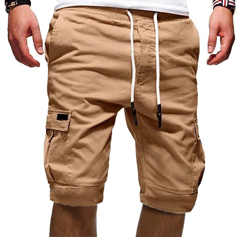 Herren Shorts Casual Einfarbig Elastische Taille Kordelzug Multi Pocket Design Outdoor Mittelhose Gerade Hose