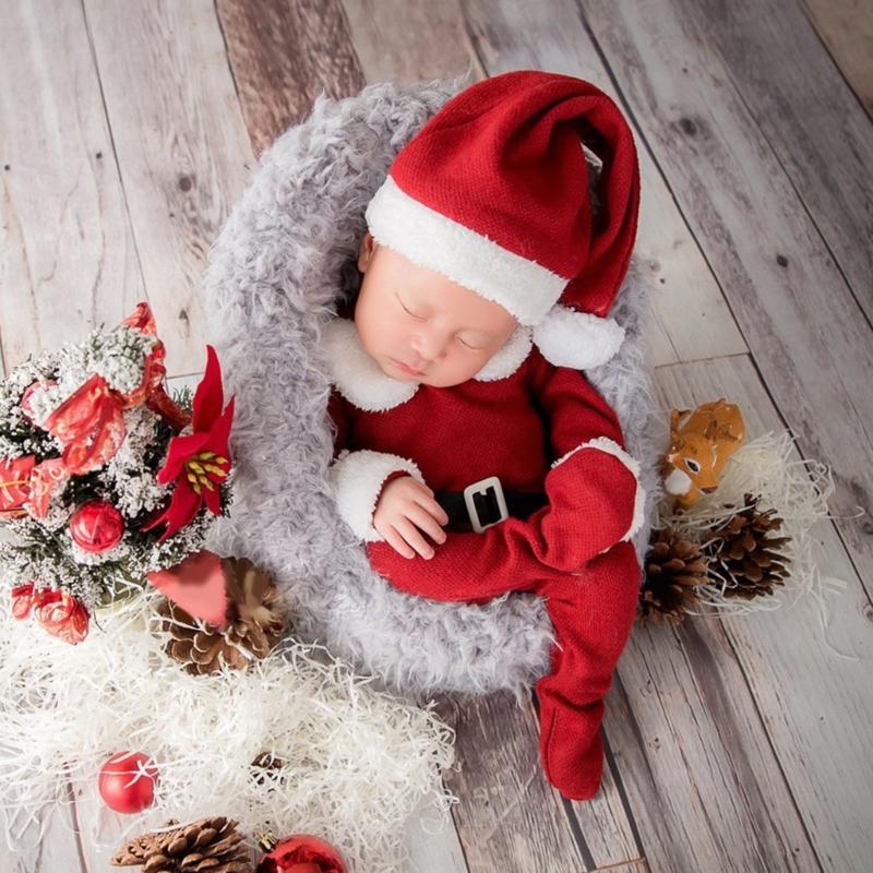 0-1Month Baby Photo Outfit Christmas Jumpsuit Santa Hat Newborn Photography Costume Set Infant Photoshooting Suit 2pcs