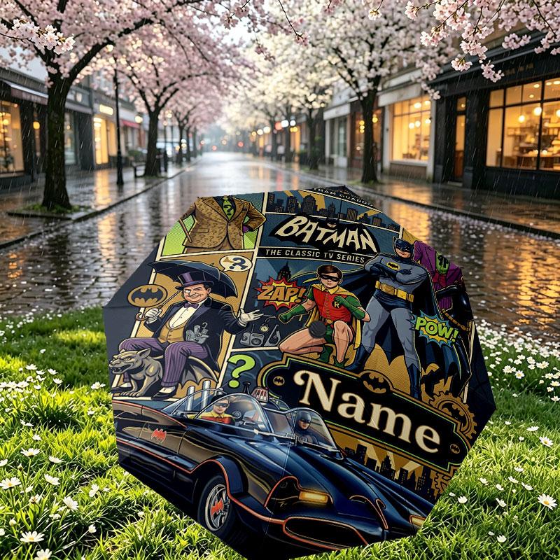 Custom Name Personalized Batman Print Umbrella, Auto Open Close, 8‑Rib Sturdy Frame, Commute Camping Hiking Use, Birthday Gift