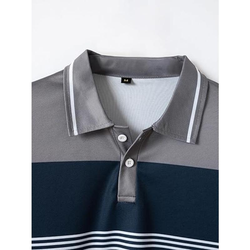 Short Sleeved Men's Fashion Color Blocked Polo Shirt Casual T-shirt Striped Moisture Wicking Golf Shirt Top
