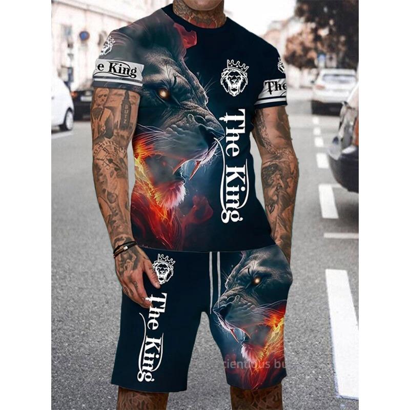 Casual Everyday Short Sleeve+ Shorts 2PCS Set Cool The Lion King 3DPrint T-Shirt +Drawstring Short Set Men's Set Camping
