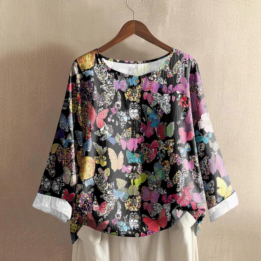 Women's Fashionable And Casual Shirt Long-sleeve Round Neck Print Cotton And Linen Blouse Top