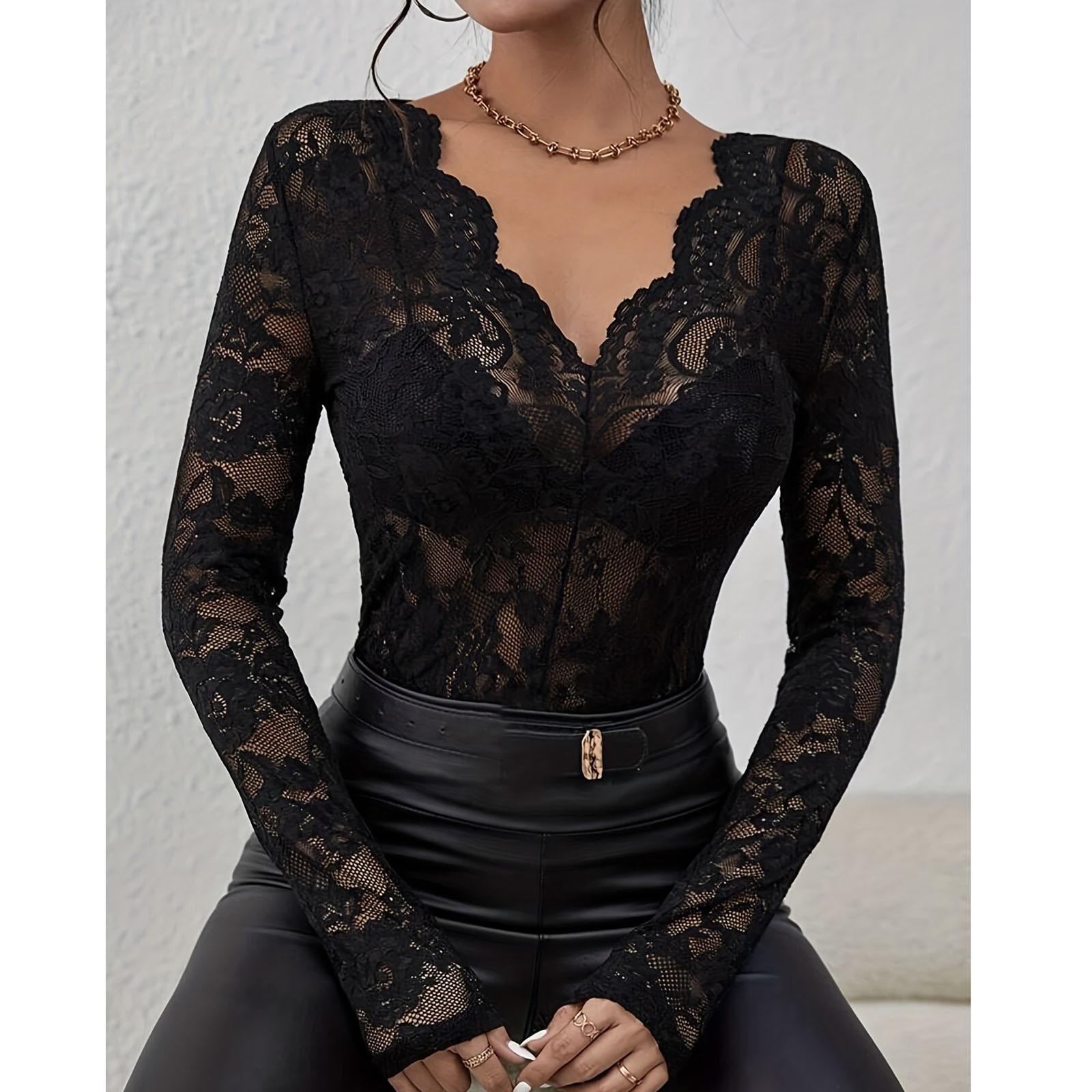 

Женский однотонный топ с цветочным кружевом и веерообразным декором, маленькая рубашка, топ с длинными рукавами XXL чёрный