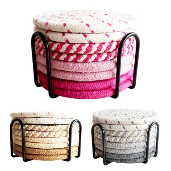 Cotton Rope Coaster Mug Mat with Stand Heat-Resistant Non-Slip Table Protector Reusable