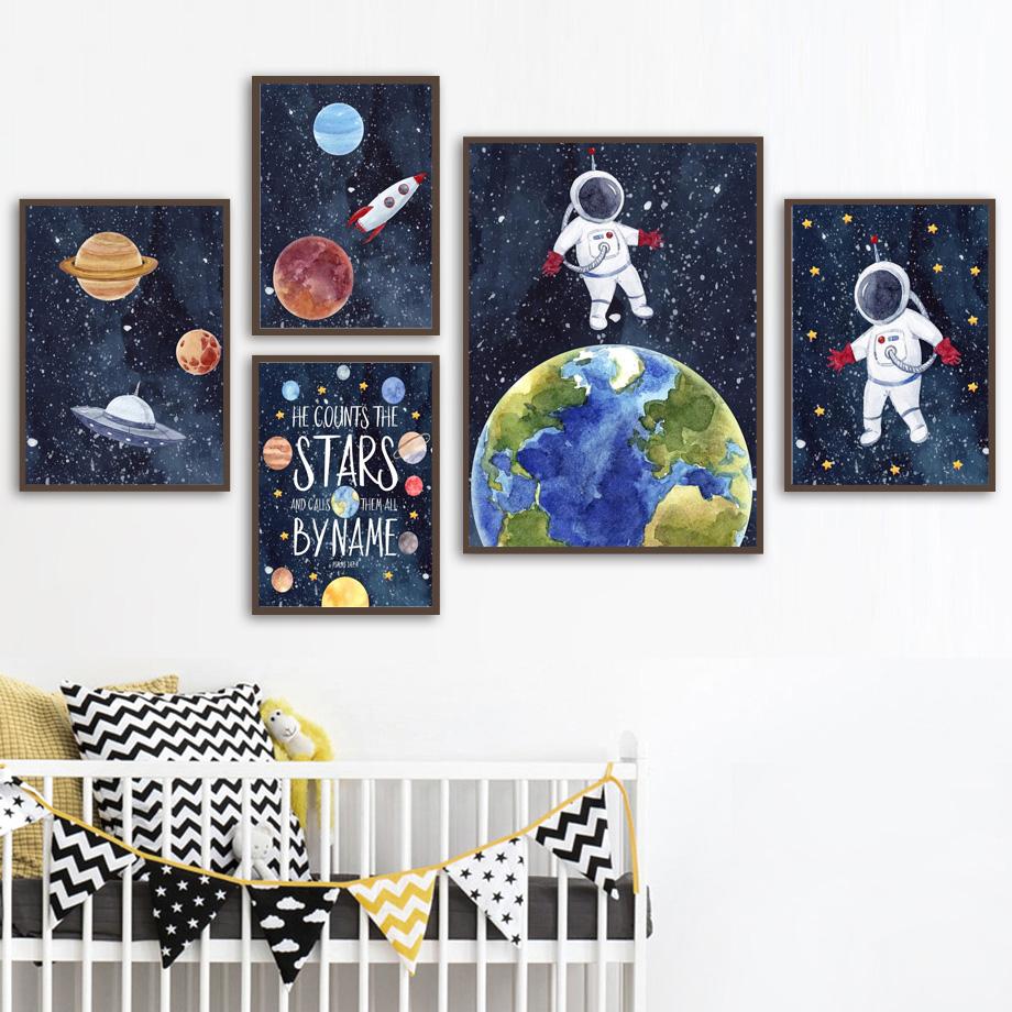 Cartoon Space Astronaut Planet Rocket Spacecraft Wall Art Print Canvas Painting Nordic Poster Wall Pictures Baby Kids Room Decor
