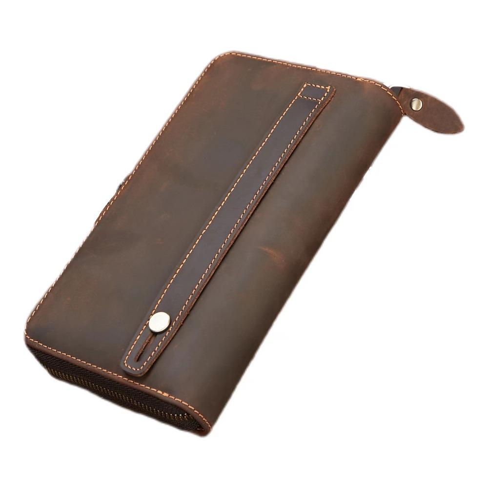 Men Genuine Crazy Horse Leather Long Wallet Vintage Zippered Phone Pocket Multi Compartment High Capacity Organizer Clutch Bag