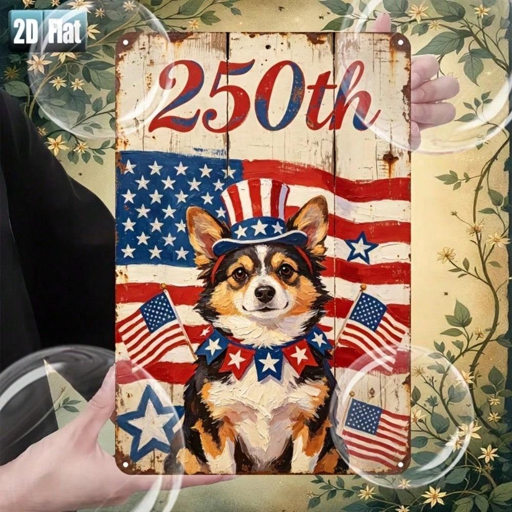 2D Flat Metal Sign 8x12 Inch Vintage Corgi Patriotic Wall Art American Independence Day Pre Drilled Home Decor