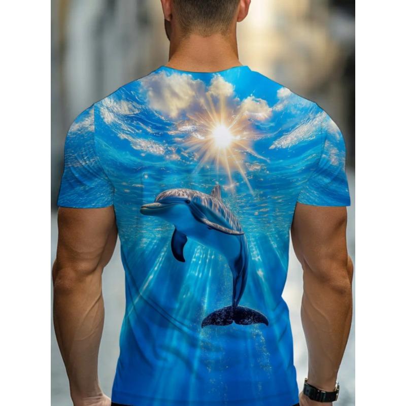 Men's Ocean T-Shirt - Lightweight Breathable, Dolphin & Shark Prints, Soft Short-Sleeve for Vacation