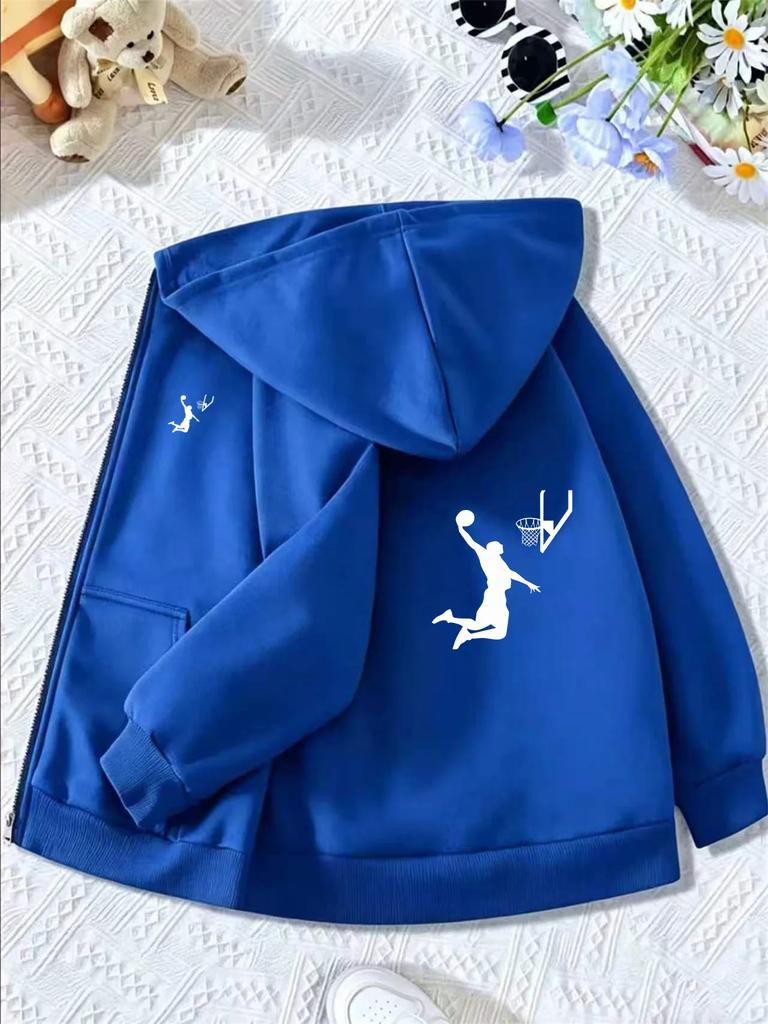 Kids Basketball Dunk Silhouette Graphic Zip Up Hoodie Loose Long Sleeve Hooded Jacket Sports Casual Outerwear For Boys Girls
