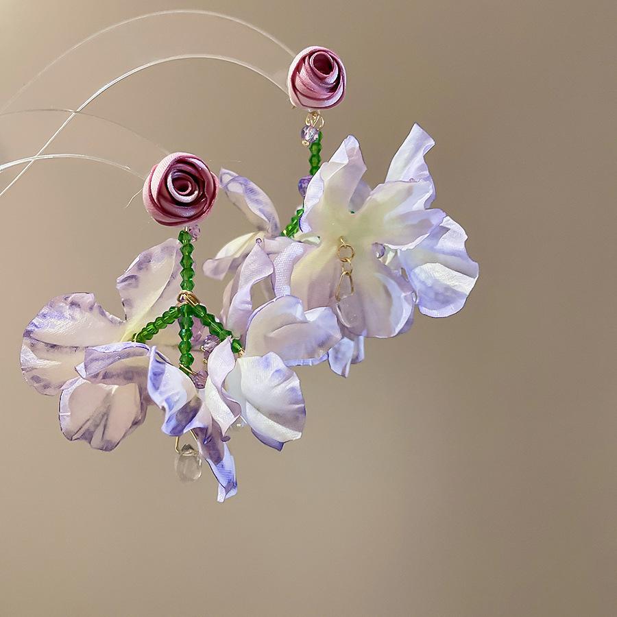 Fabric Flower Glass Bead Fringed Earrings Fashion Super Fairy Stud Earrings Sweet Small Fresh Earrings Women's High Sense