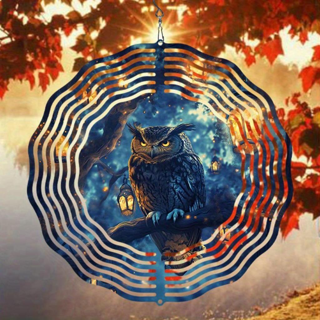 Metalowy dzwonek wietrzny sowa dekoracja ogrodowa ze spiralnym wzorem obrót w dwóch kierunkach bez baterii łatwa instalacja hak obrotowy 360 stopni na zewnątrz