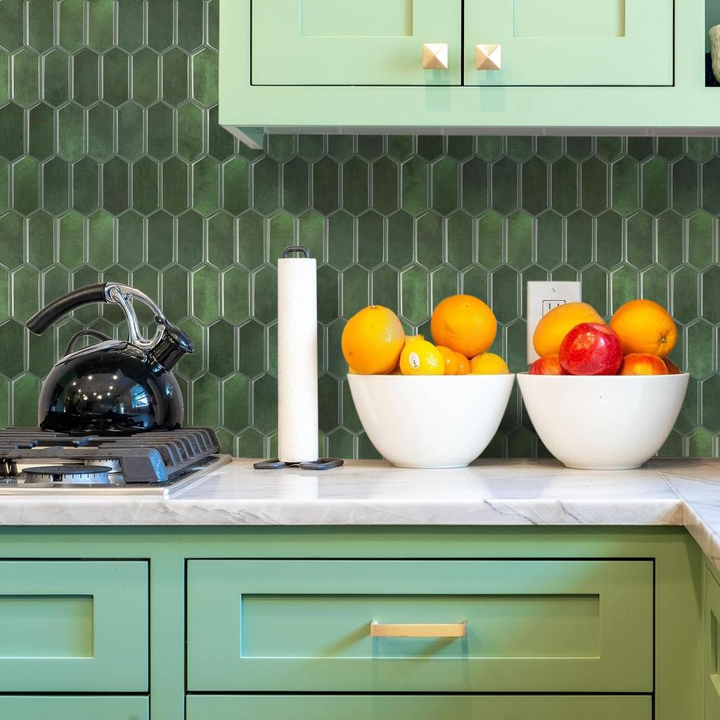 Long Hexagon Peel and Stick Tiles Backsplash,10-Sheet 3D Self Adhesive Wall Tile BackSplash 12 x 12 Inch for Kitchen,Bathroom(Green).