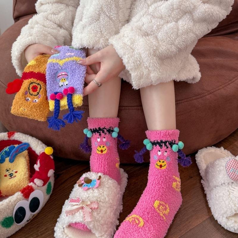 Coral fleece socks women's embroidery funny expression socks clown socks winter warm cute cartoon doll medium tube socks