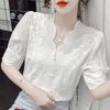 Spring Summer Embroidery Puff Sleeve Linen Cotton Women Blouse  Casual White Hollow Out Tops Short Sleeve Shirt