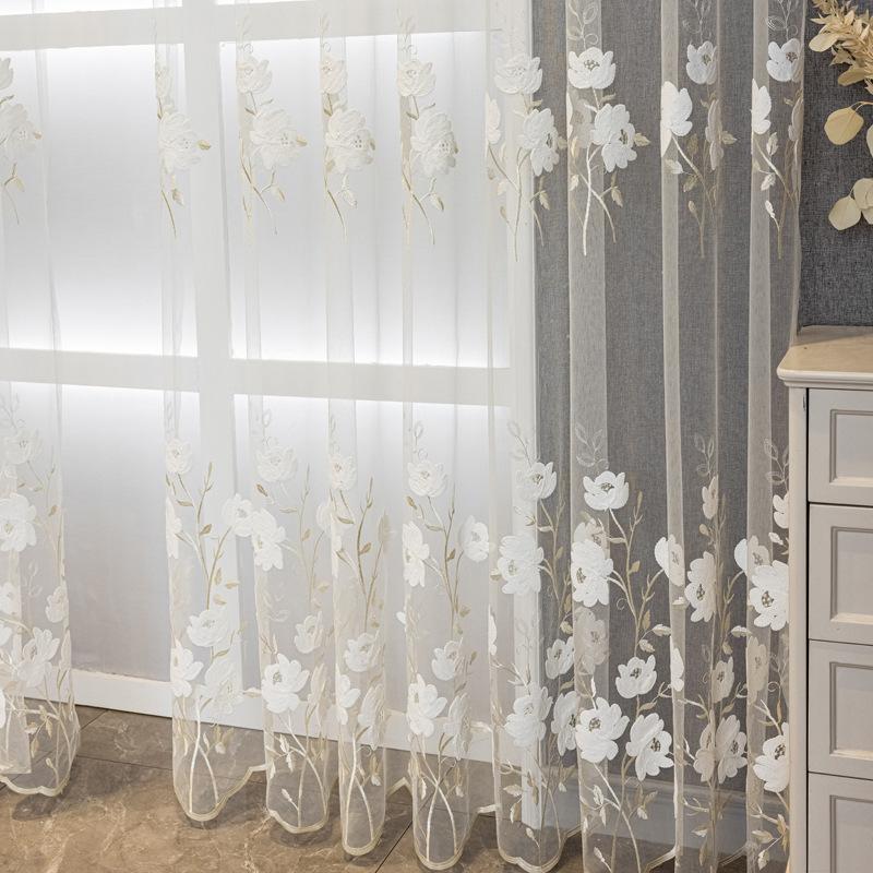 White Floral Embroidered Sheer Curtain For Dining Room Living Room Voile Curtain Panel Window Drape For Bedroom Sliding Glass Door Living Room Home