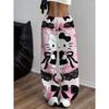 Large-size Women's Wide-leg Pants, Pink Katie Print Text Straight Pants, Casual Full-print Style