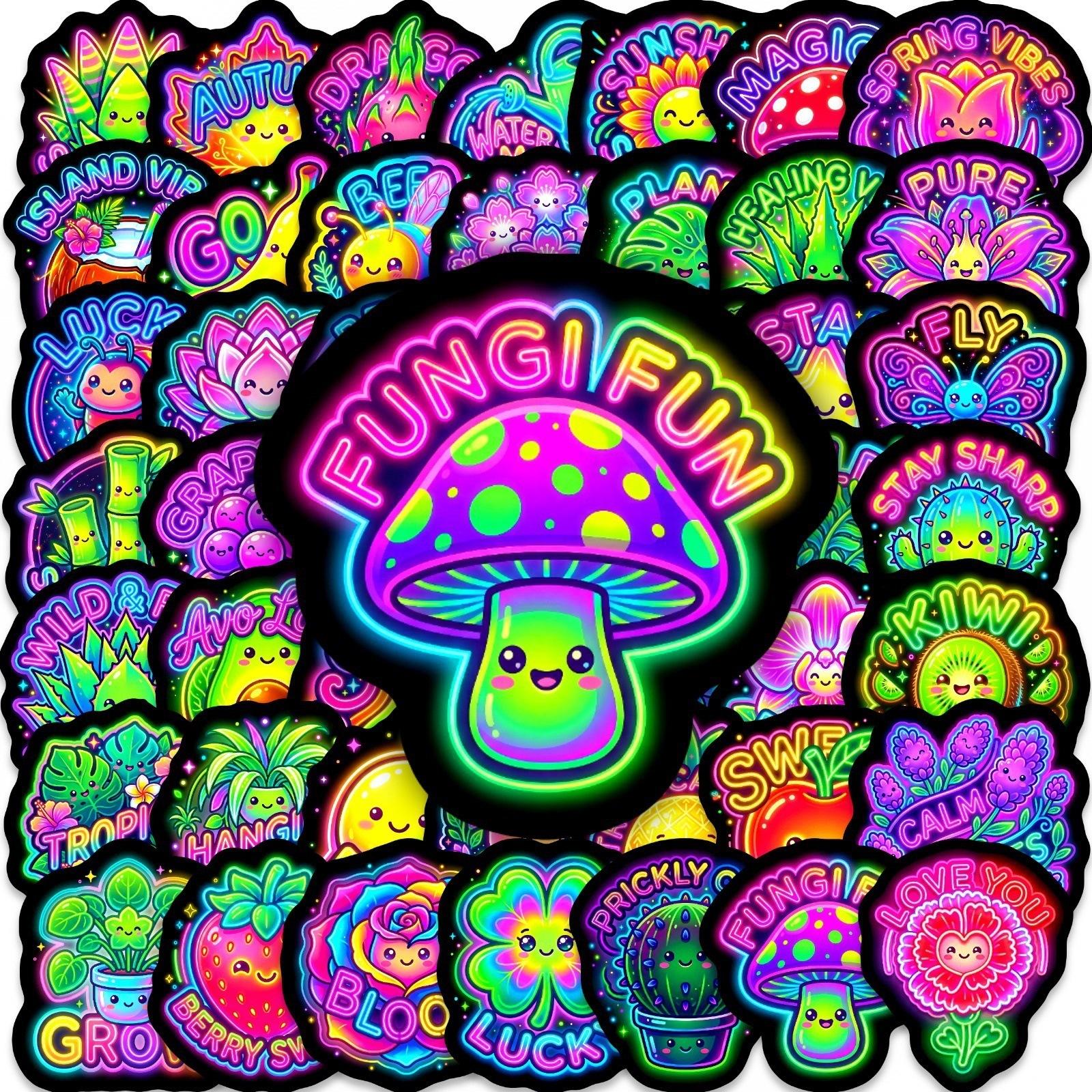 

50 Neon Fluorescent Wind Plants, Fruit Stickers, E-Commerce Cute Cartoon Dopamine Decorative Stickers