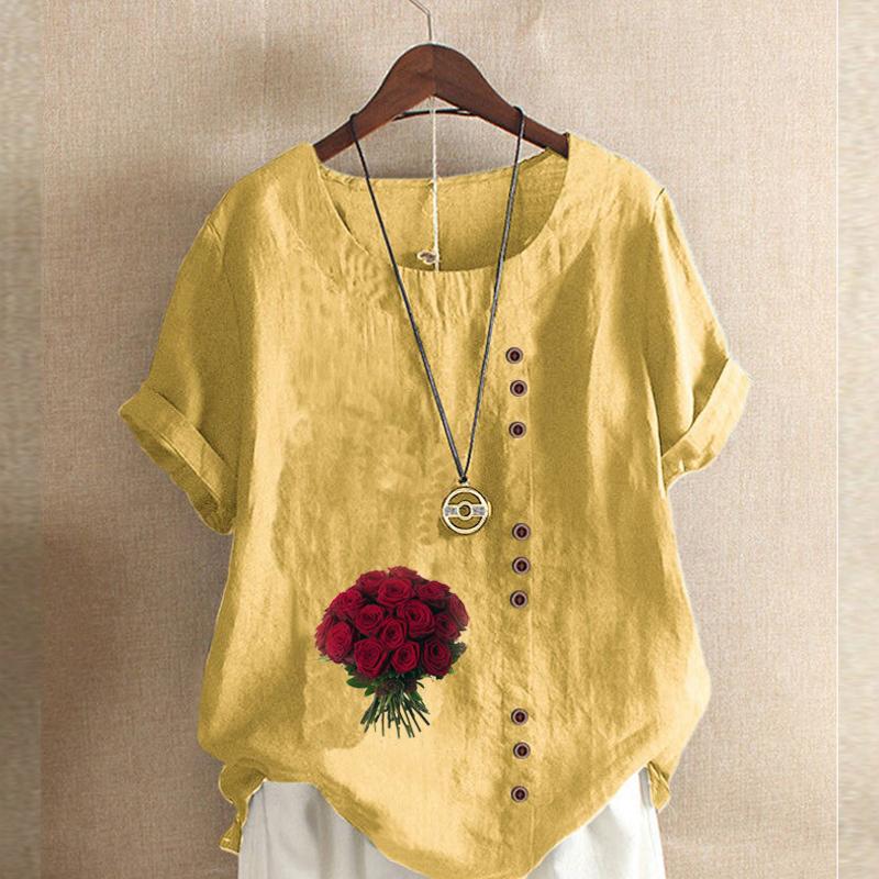 Women's Fashion Rose Prined Round Neck Short Sleeve T-shirt Casual Cotton Linen Graphic Shirt Leisure Loose Summer Blouse Tops
