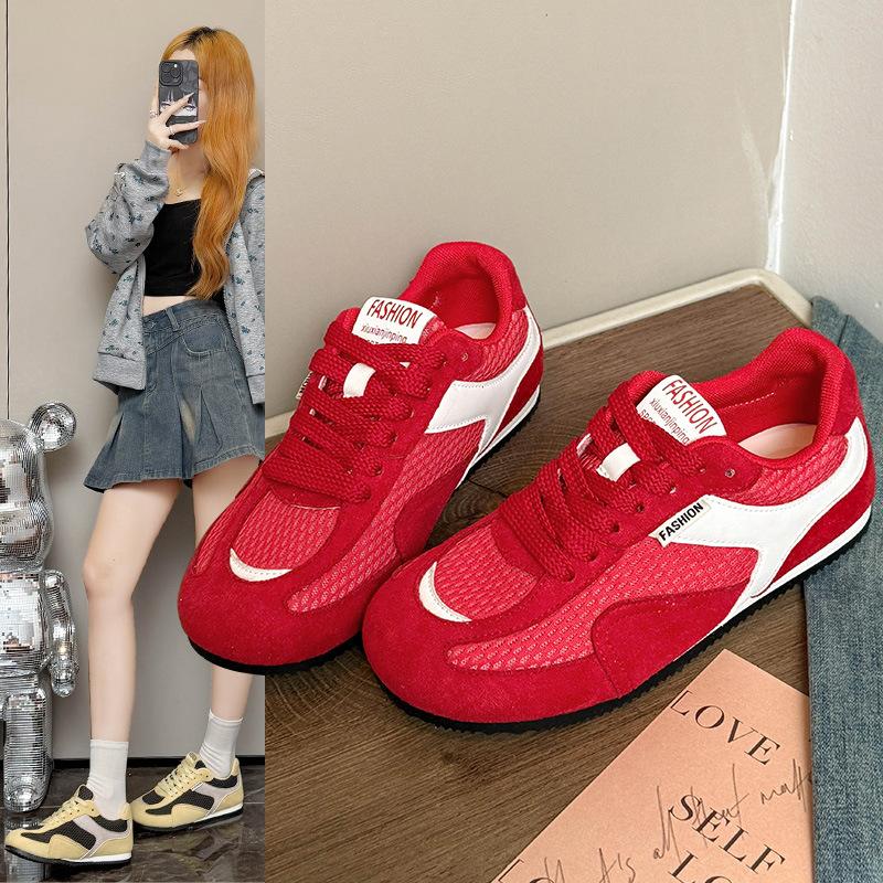 Korean Version of the Popular Mesh Breathable Sports and Leisure Shoes Women's Autumn 2025 New Niche Lace-up Flat-bottomed German Training Shoes
